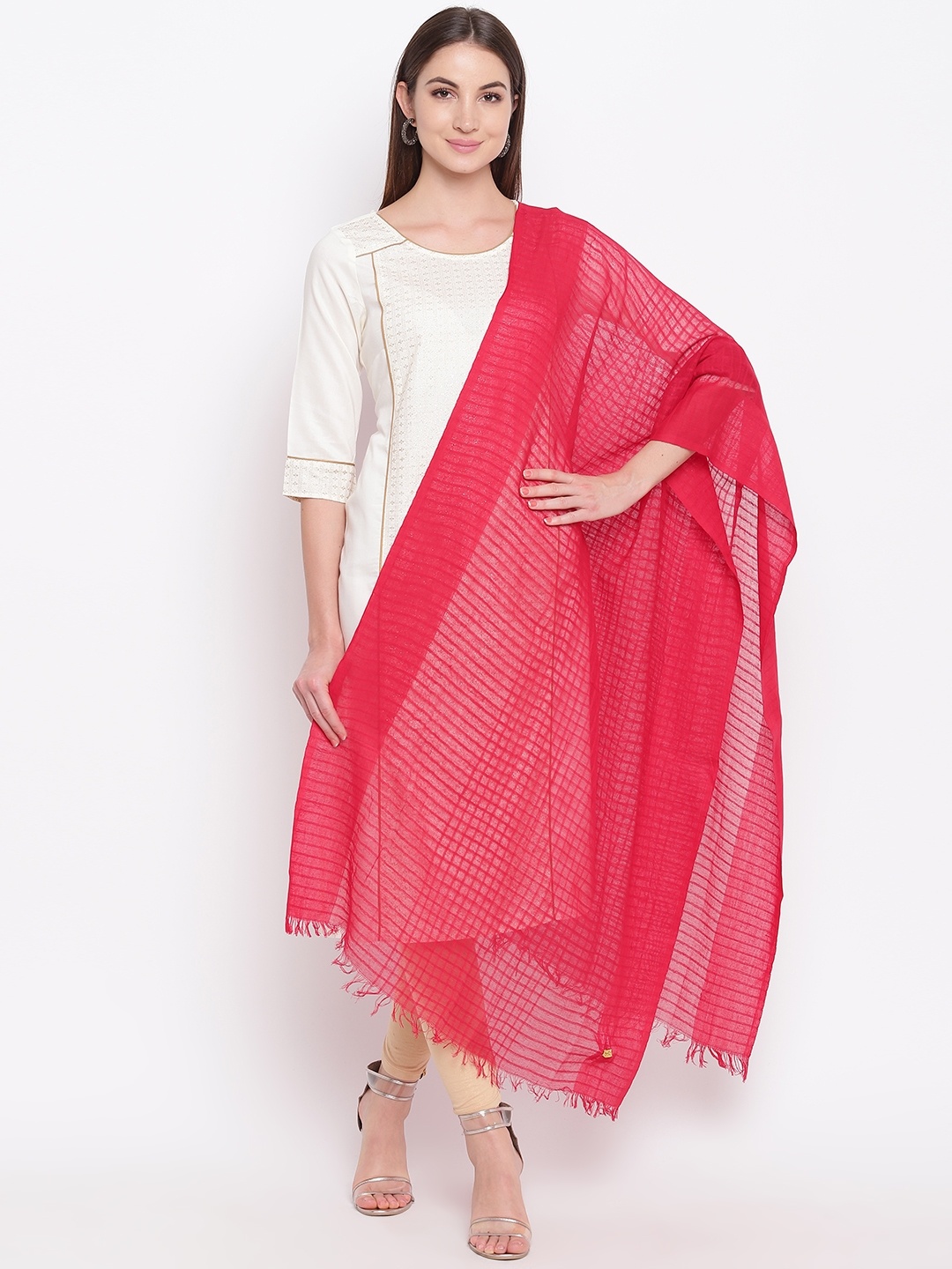 

AURELIA Red Self-Checked Pure Cotton Dupatta