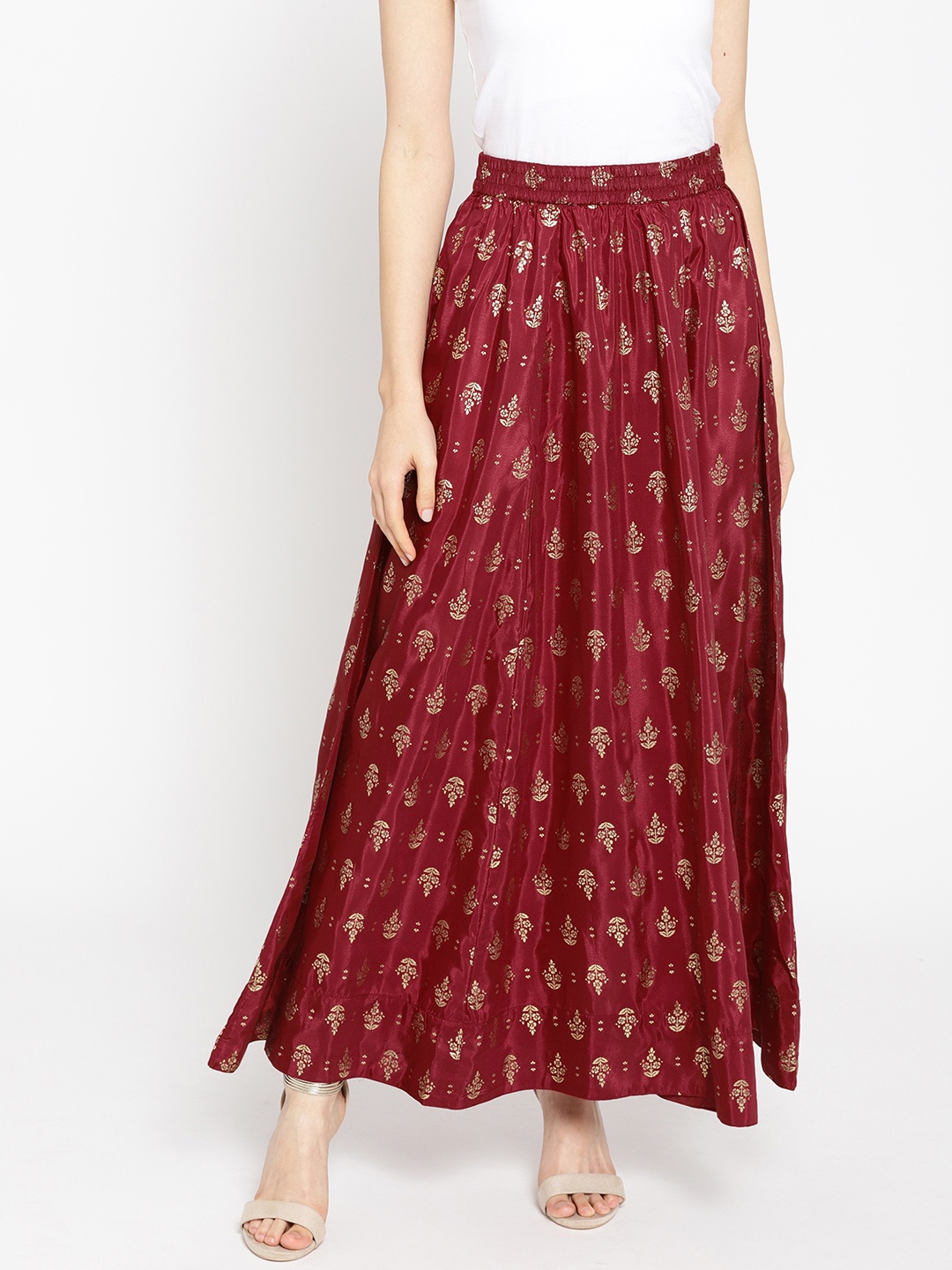 

AURELIA Women Maroon & Golden Printed Maxi Flared Skirt