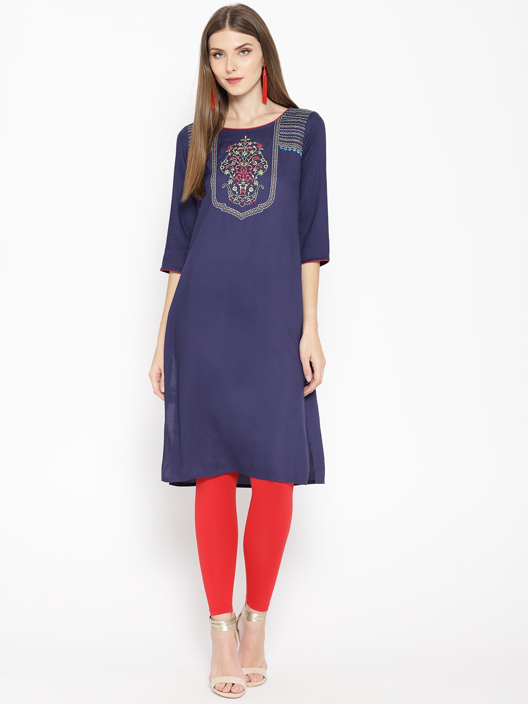 

AURELIA Women Navy Blue Yoke Design Straight Kurta