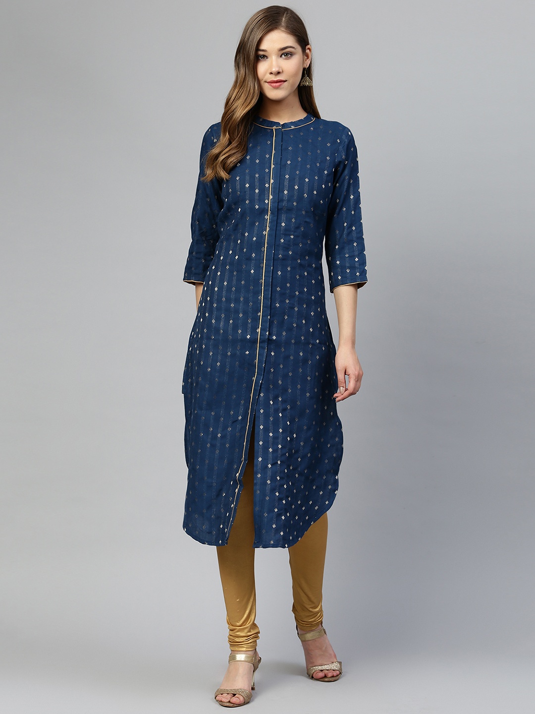 

AURELIA Women Teal Blue & Golden Woven Design Straight Kurta