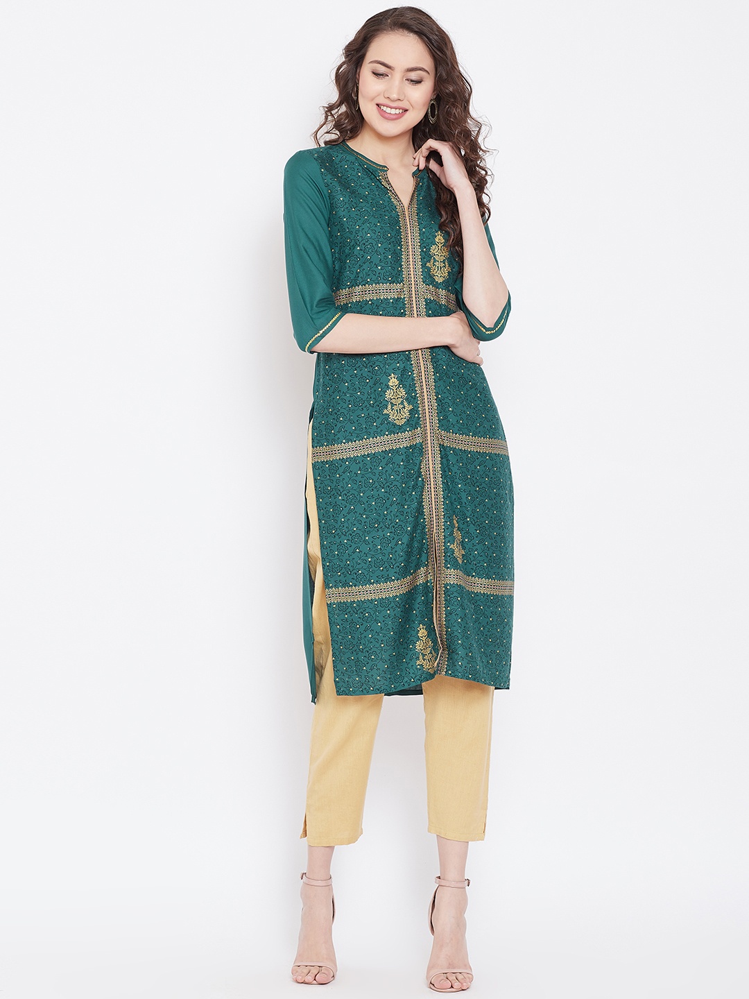 

AURELIA Women Green & Golden Printed Straight Kurta