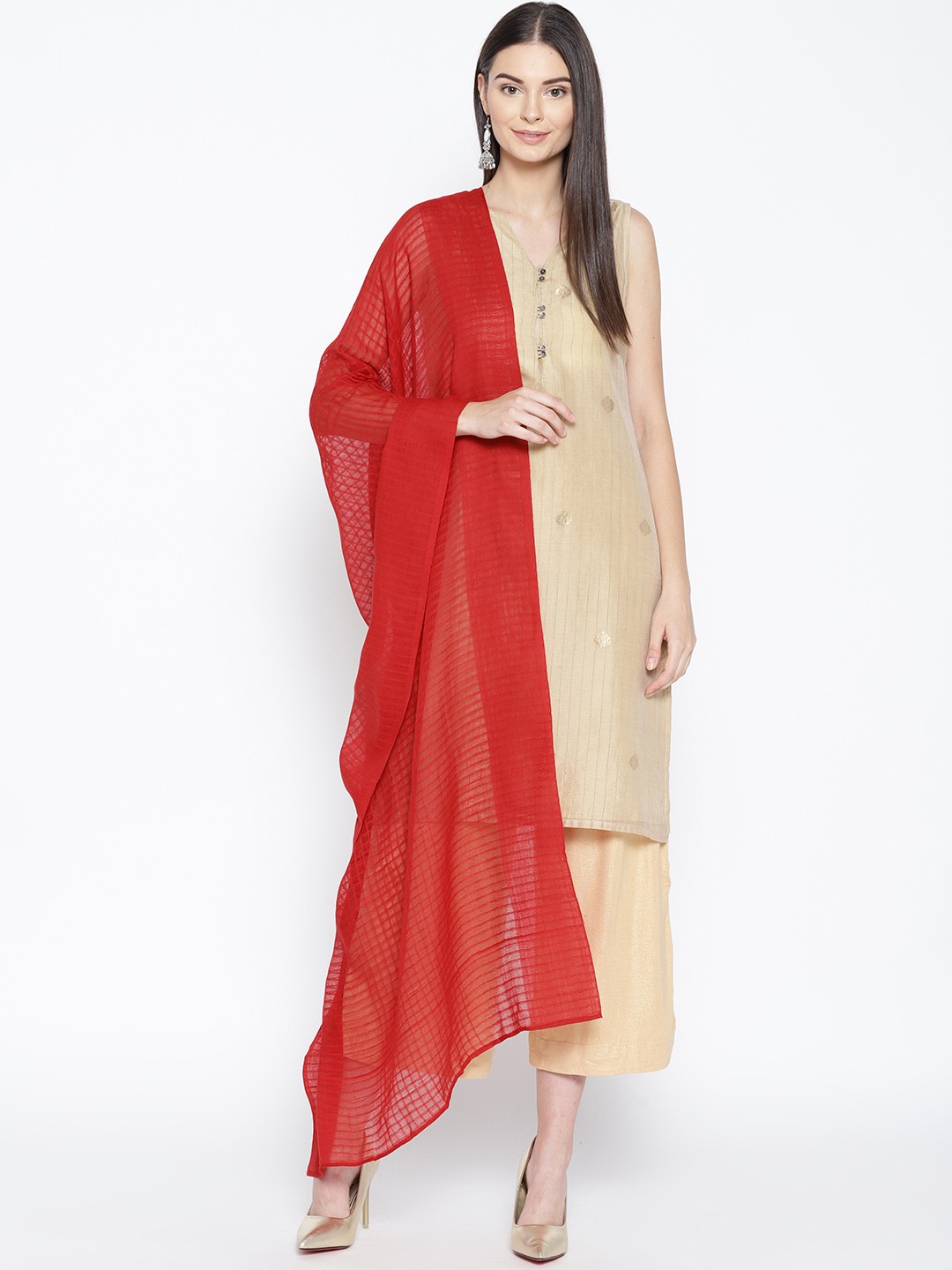 

AURELIA Red Self-Checked Pure Cotton Dupatta