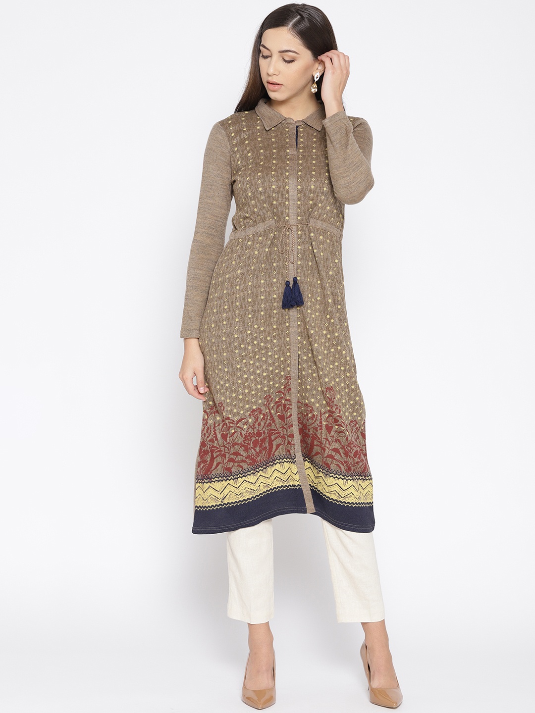 

AURELIA Women Brown & Yellow Printed Knitted Winter A-Line Kurta