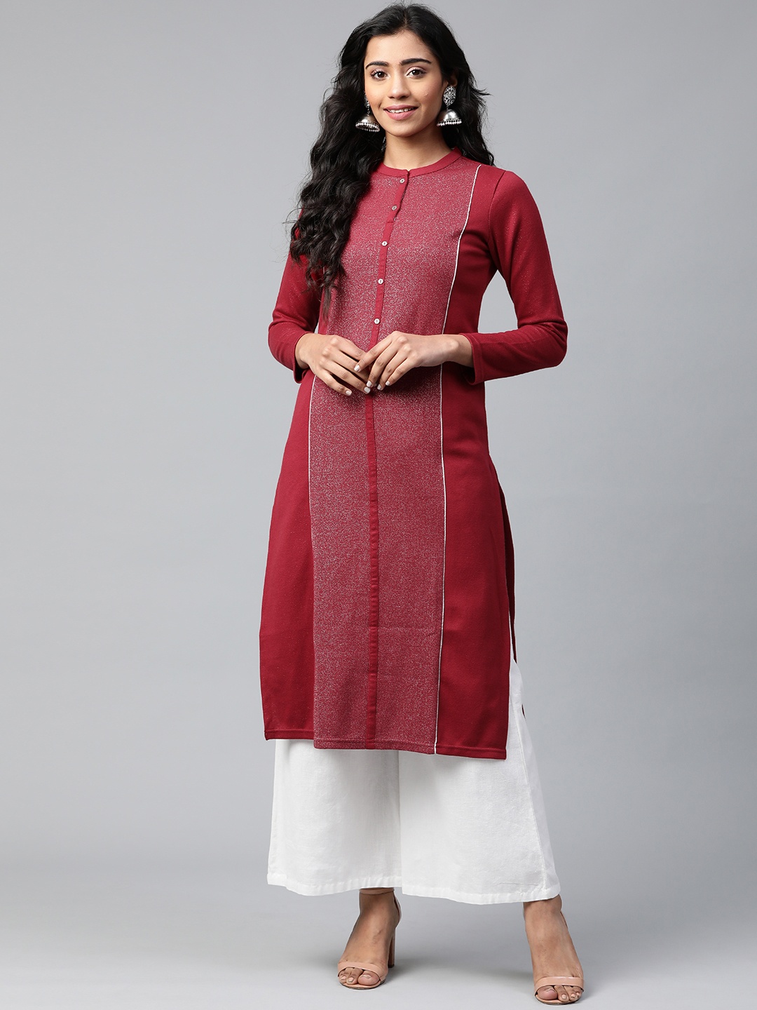 

AURELIA Women Maroon & Silver Woven Design Knitted Straight Winter Kurta