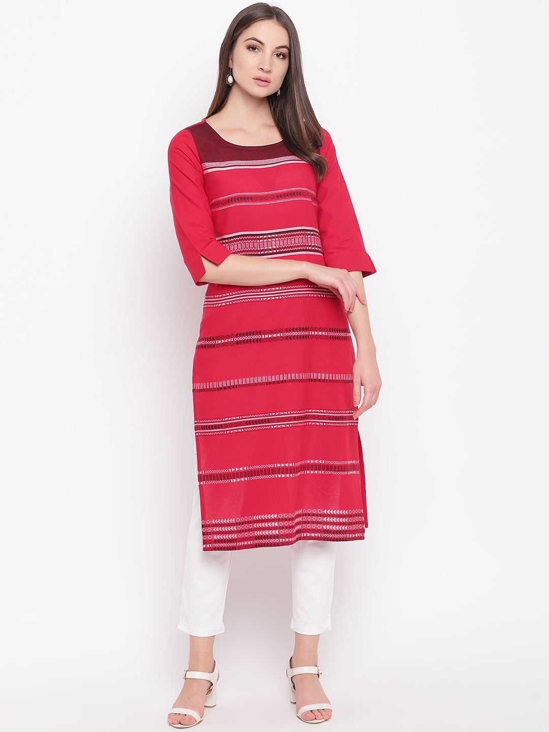 

AURELIA Women Red & White Self-Striped Straight Kurta