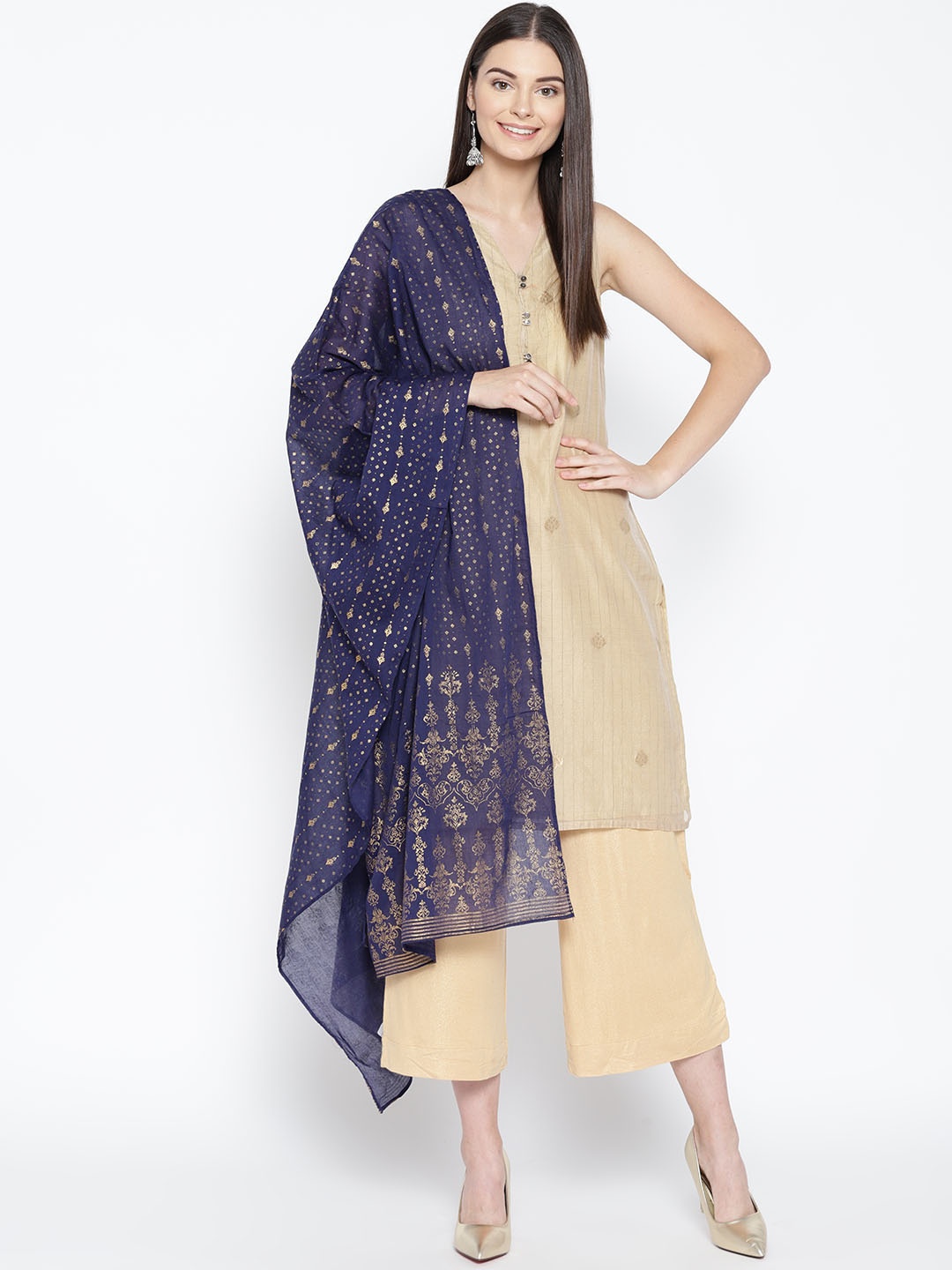 

AURELIA Navy Blue & Golden Printed Pure Cotton Dupatta