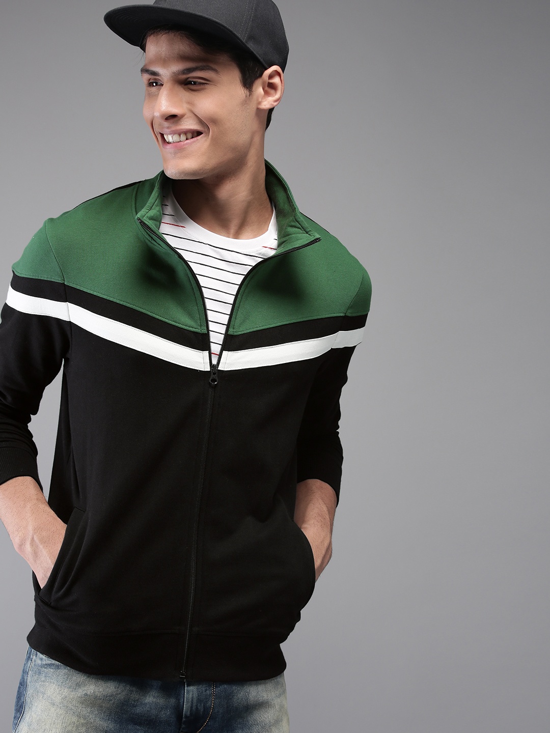 

HERE&NOW Men Black & Green Colourblocked Front-Open Sweatshirt