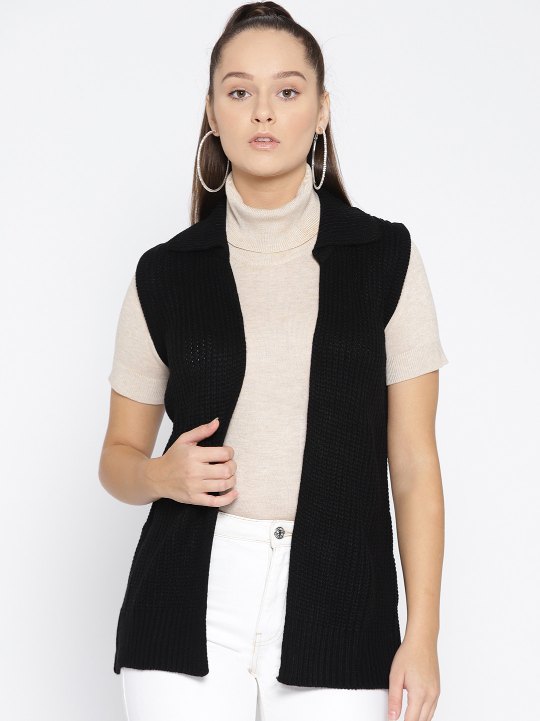 

AURELIA Women Black Ribbed Front-Open Sweater