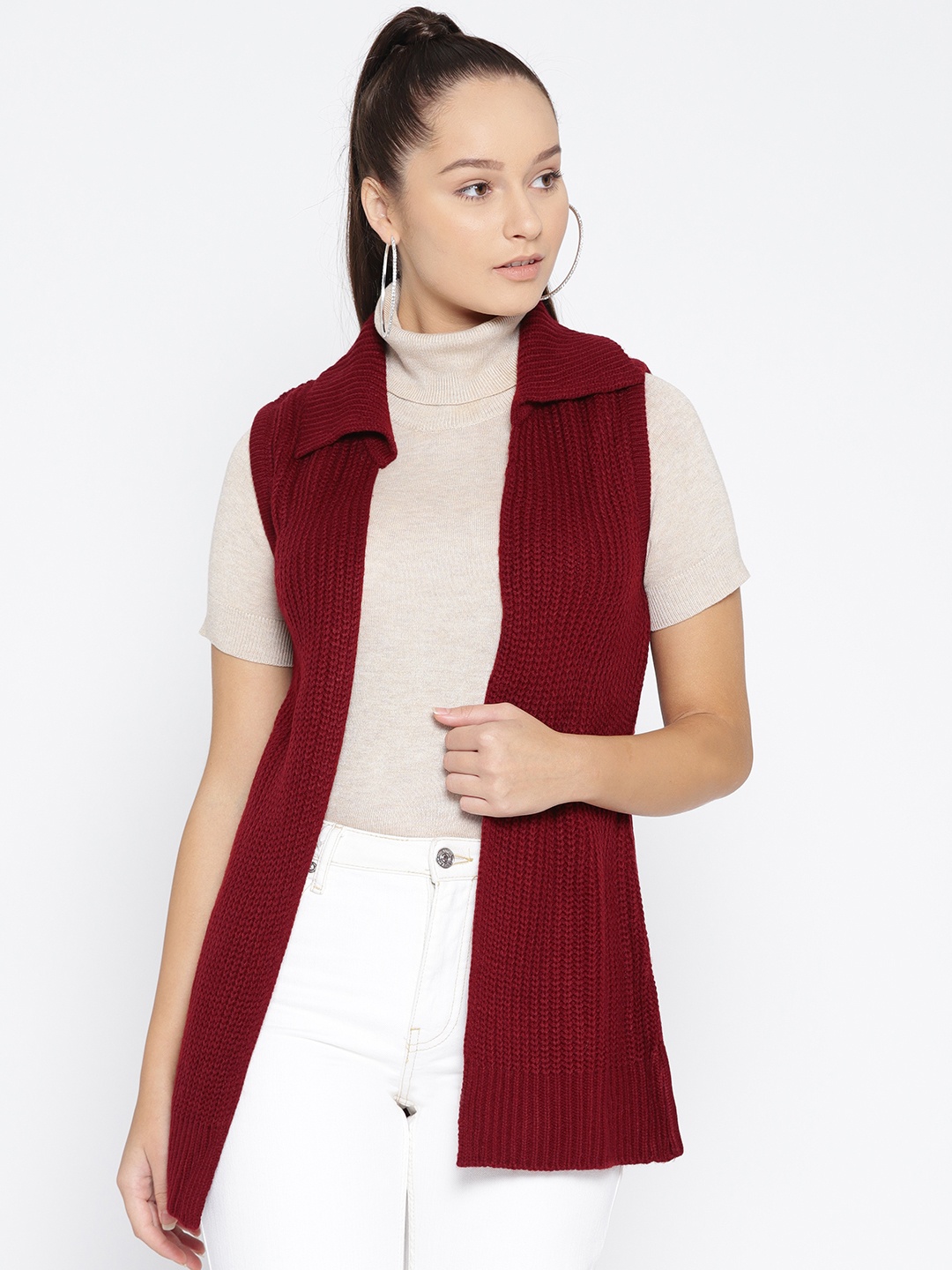 

AURELIA Women Red Ribbed Front-Open Sweater