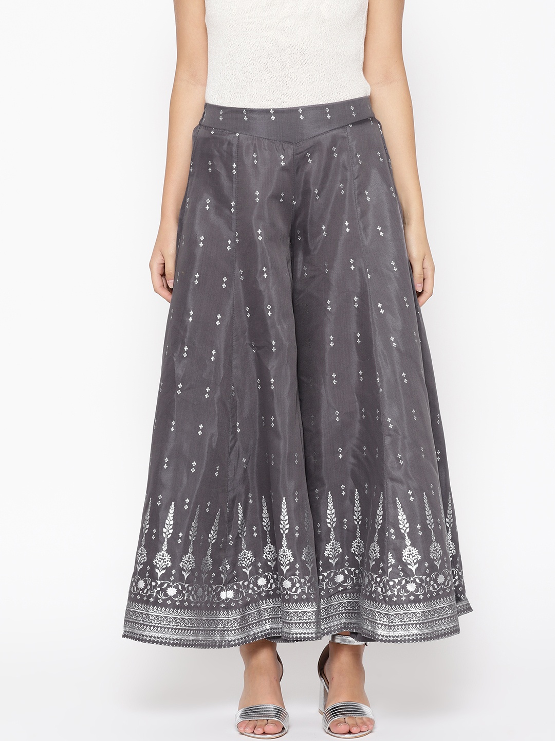 

AURELIA Women Charcoal Grey & Silver Printed Flared Palazzos