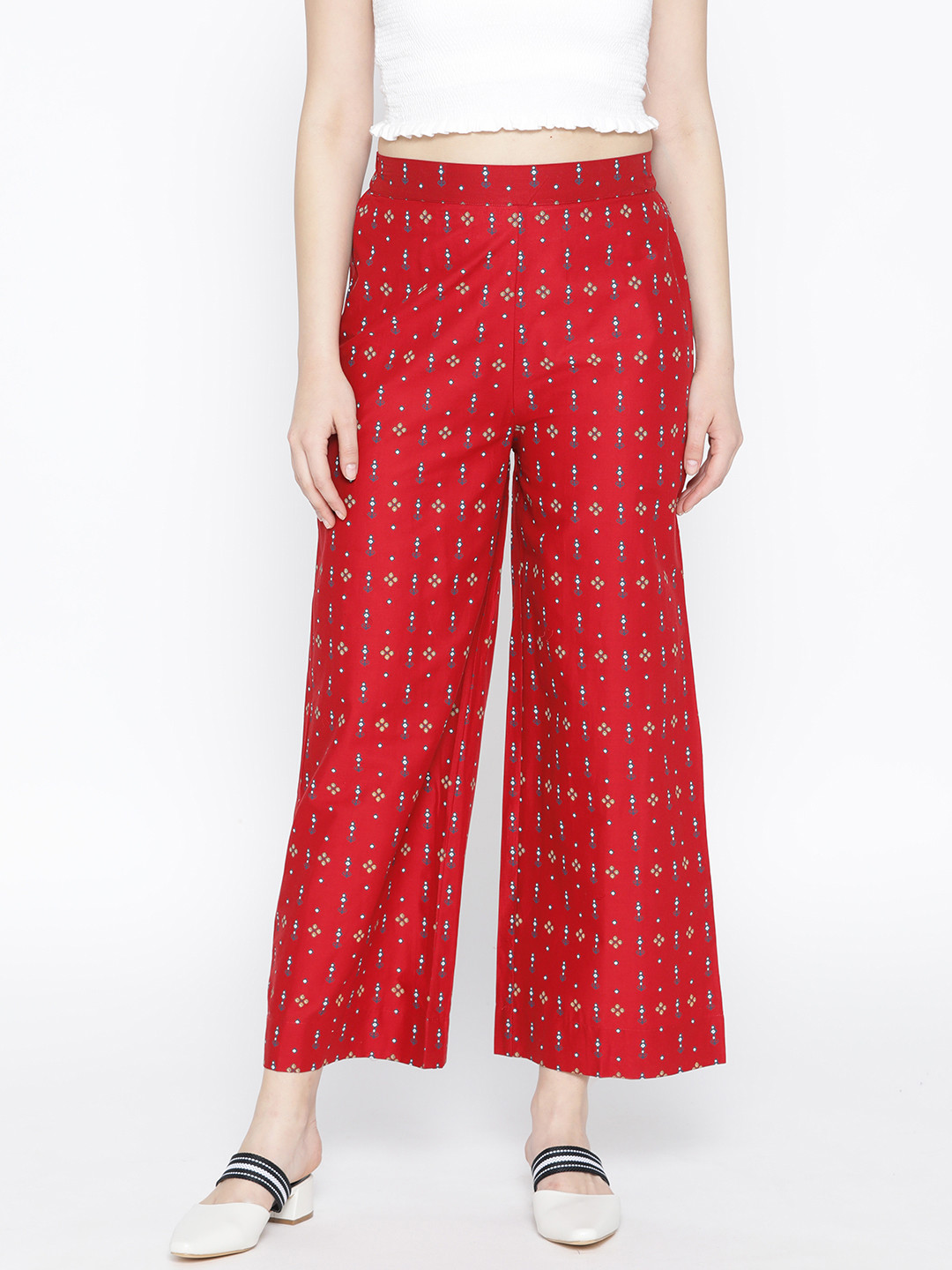 

AURELIA Women Red & Navy Blue Printed Wide Leg Palazzos