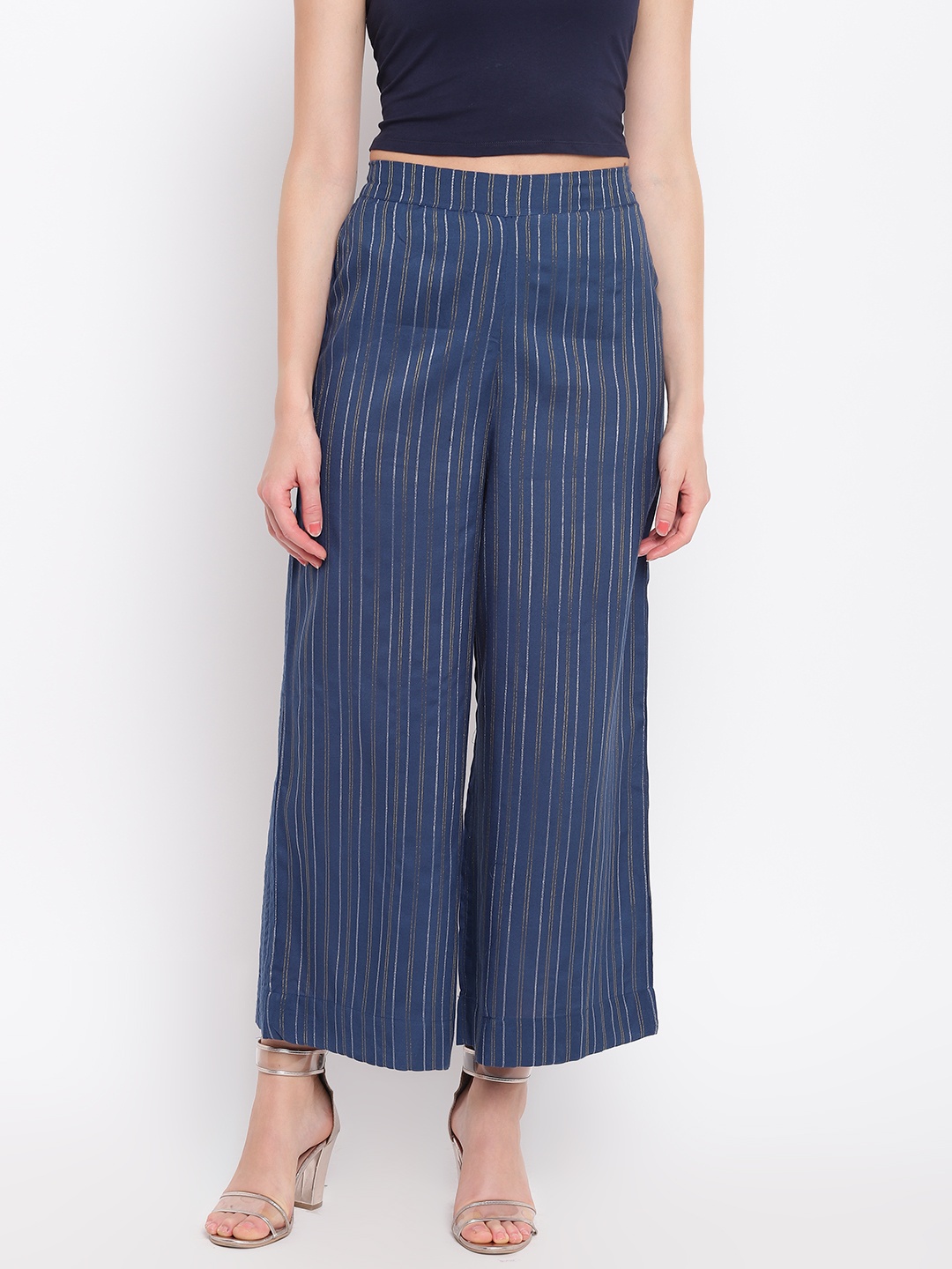 

AURELIA Women Navy Blue & Golden Striped Wide Leg Palazzos