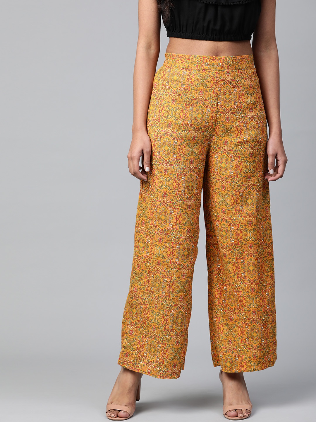 

AURELIA Women Mustard Yellow & Green Printed Wide Leg Palazzos