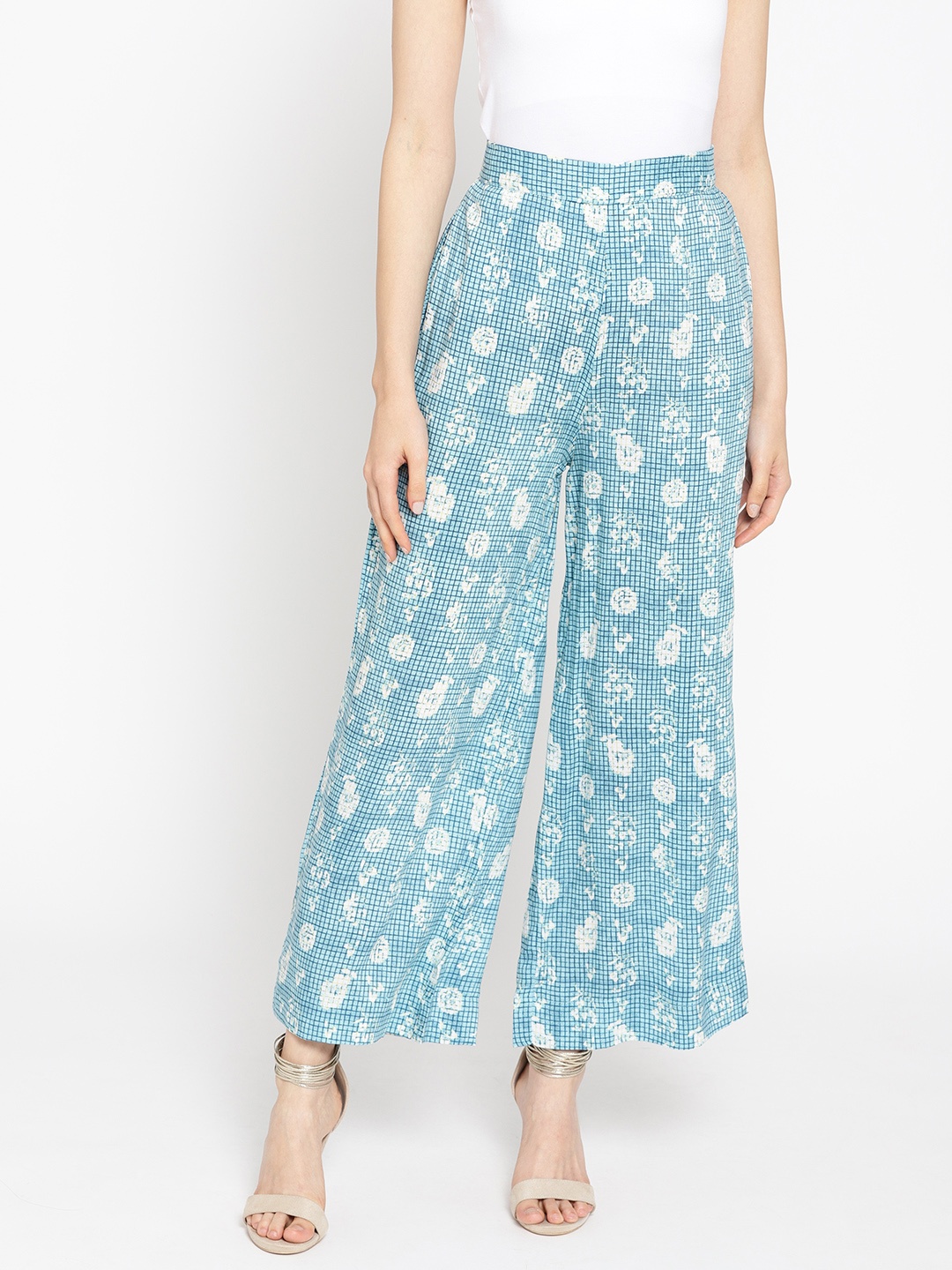 

AURELIA Women Blue & Off-White Printed Straight Palazzos