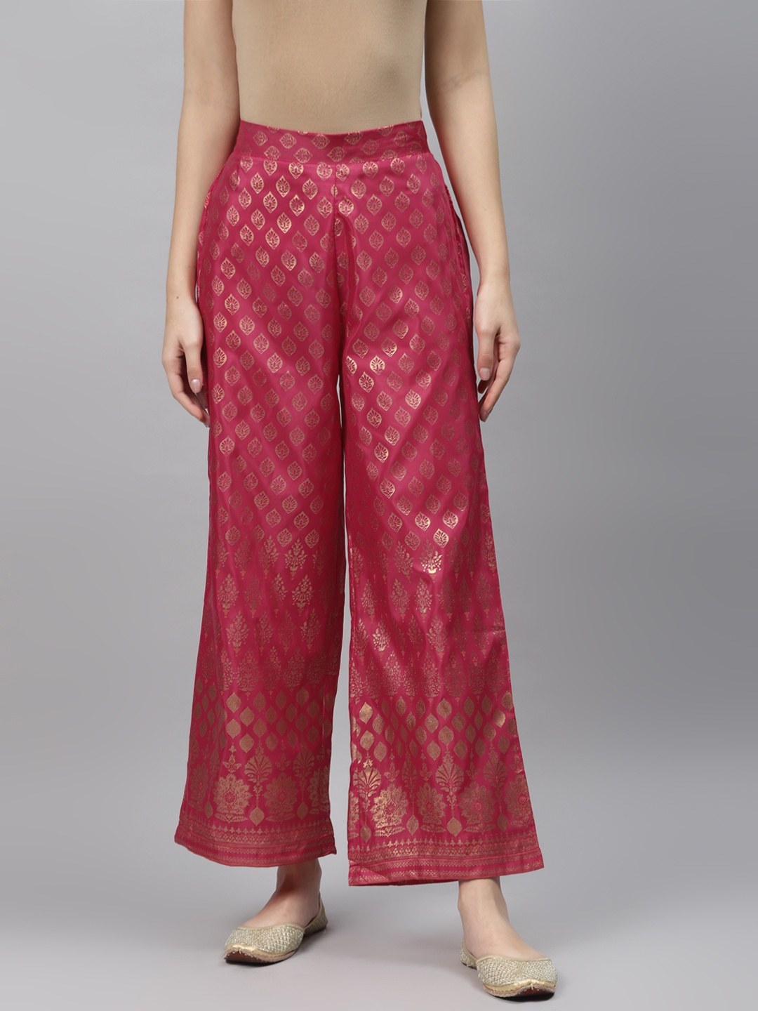 

AURELIA Women Pink & Gold-Toned Printed Straight Palazzos