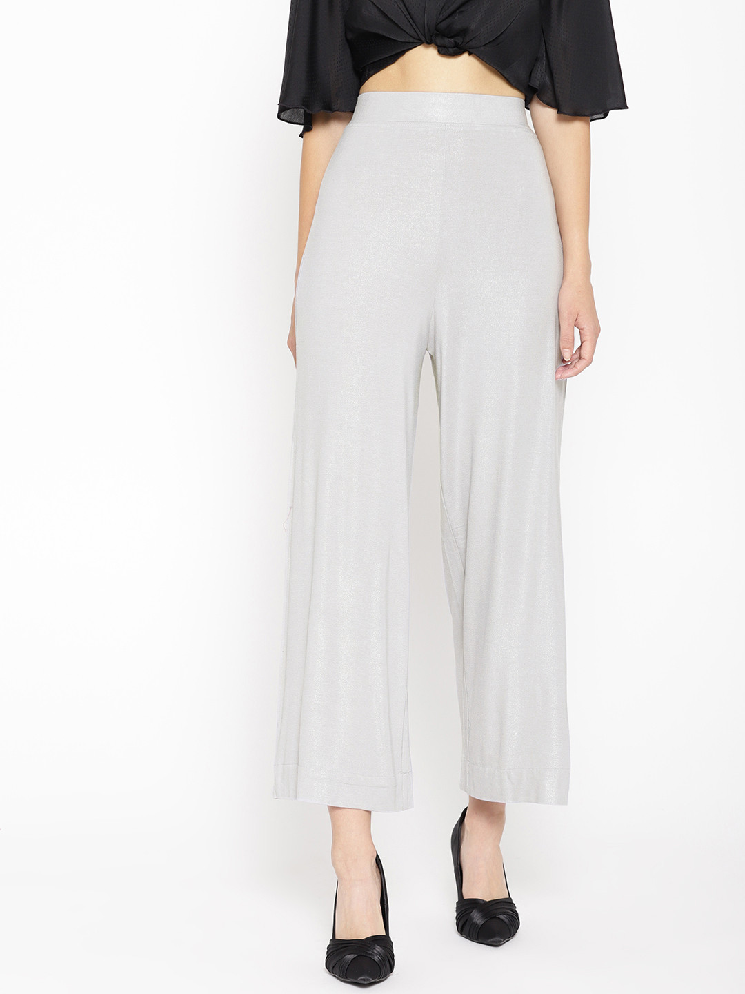

AURELIA Women Grey Solid Shimmer Detail Cropped Palazzos