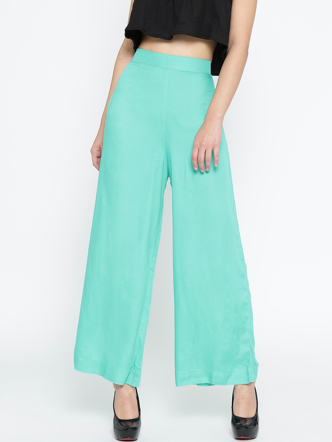 

AURELIA Women Turquoise Blue Solid Wide Leg Palazzos