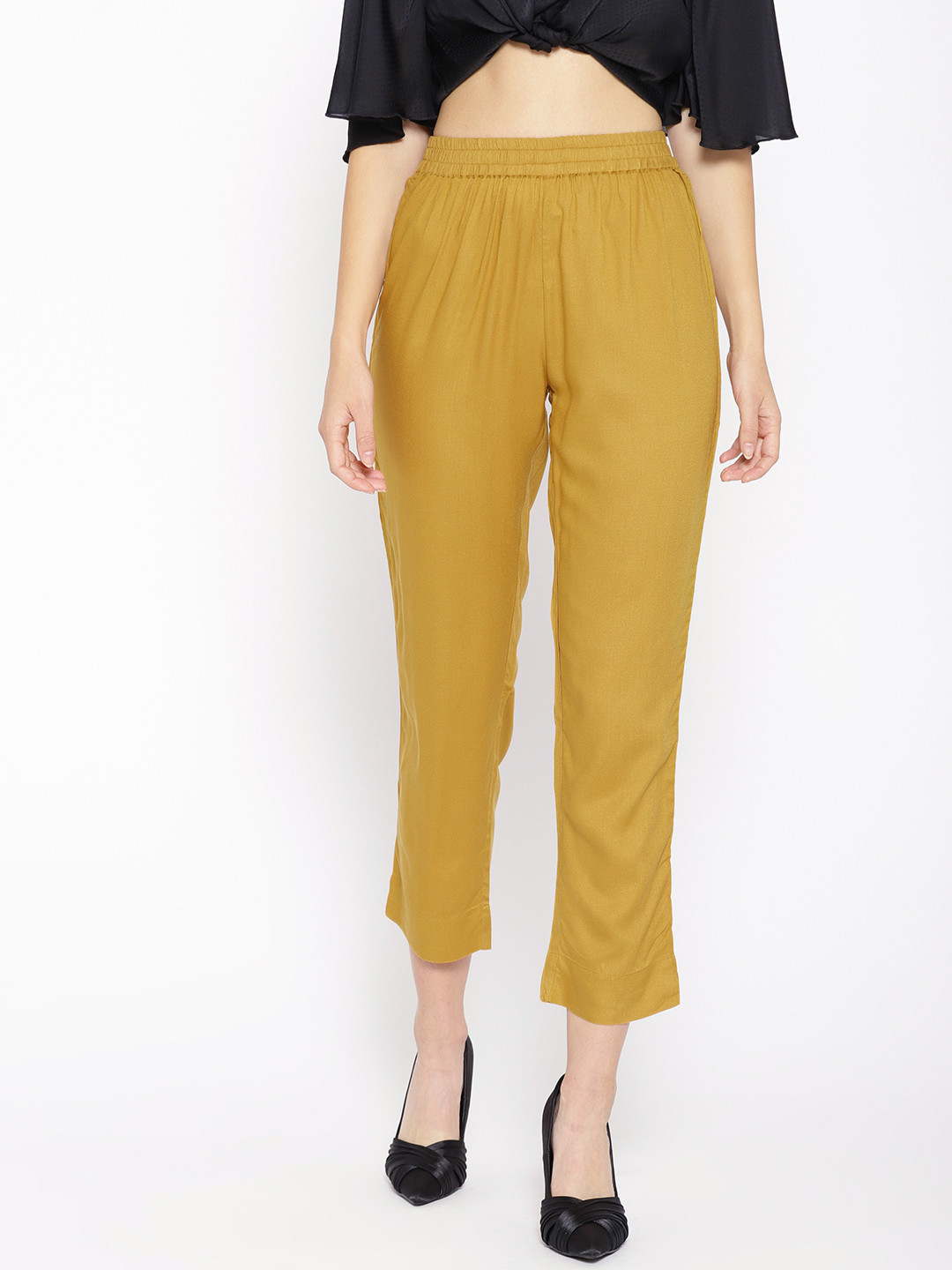 

AURELIA Women Mustard Yellow Regular Fit Solid Cropped Trousers