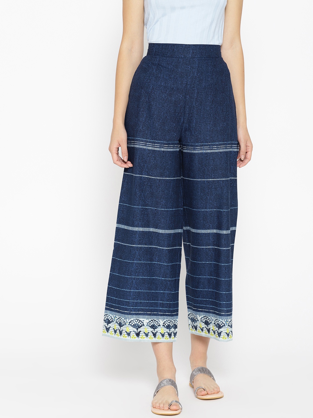 

AURELIA Women Navy Blue & White Striped Cropped Palazzos