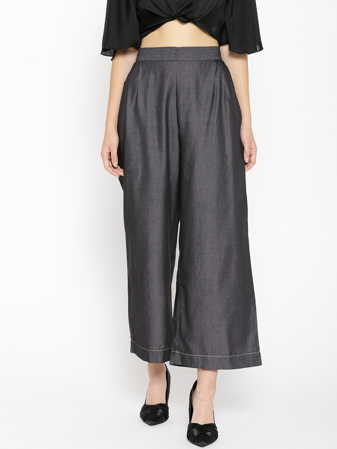 

AURELIA Women Charcoal Grey Solid Chambray Palazzos