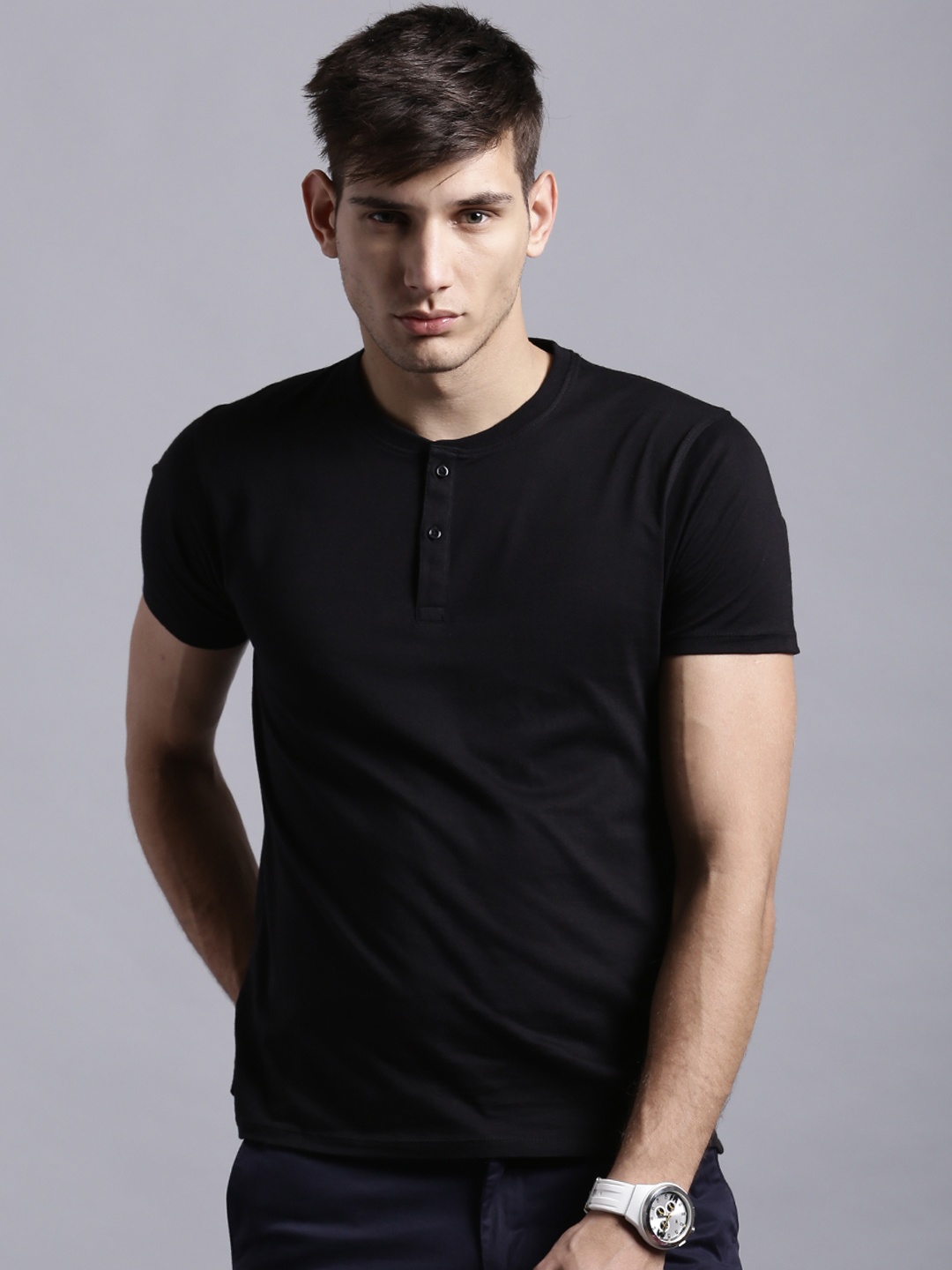 

ETHER Black Henley Pure Cotton T-shirt