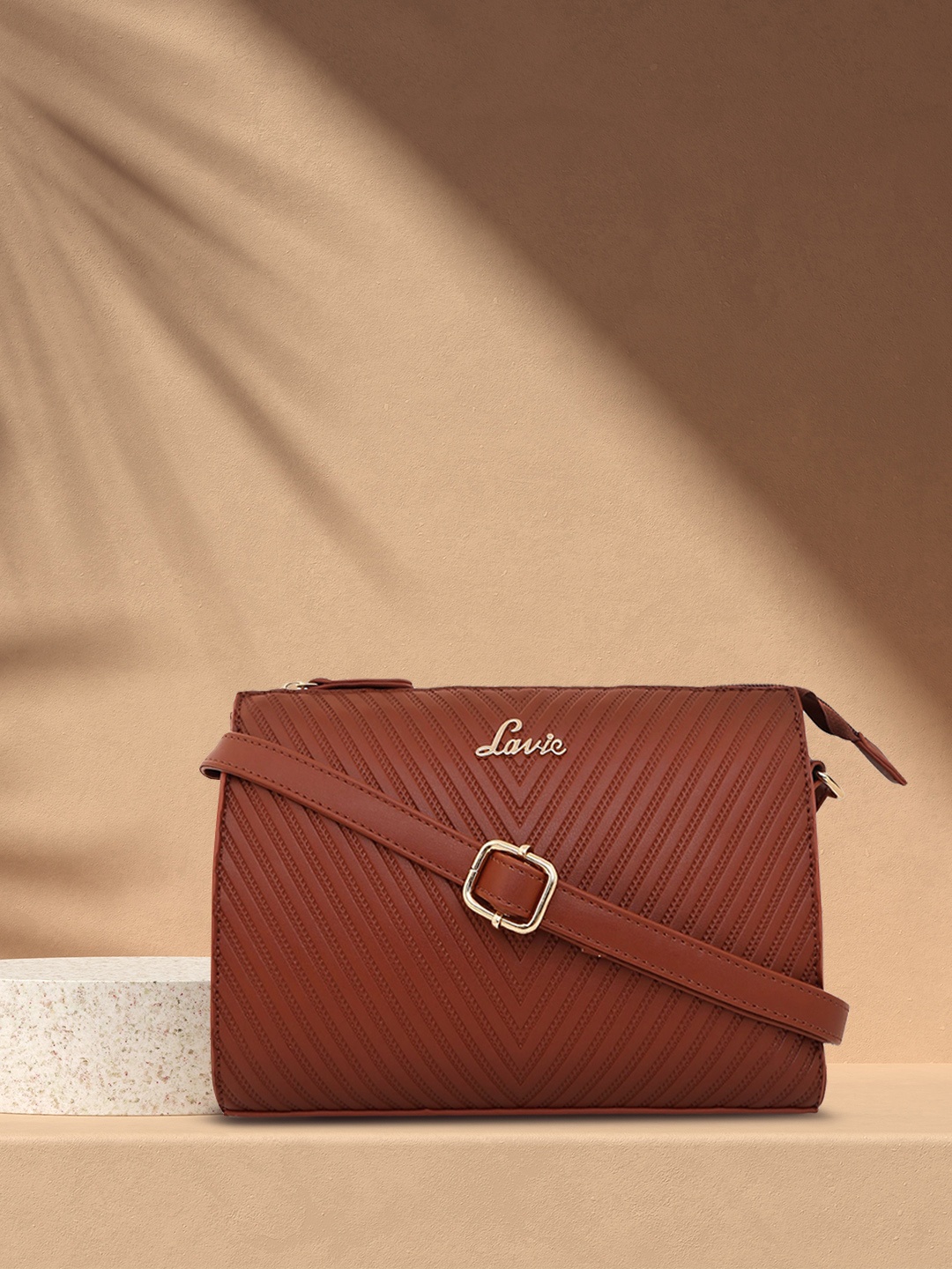 

Lavie Tan Brown Checked Structured Sling Bag with Non-Detachable Sling Strap