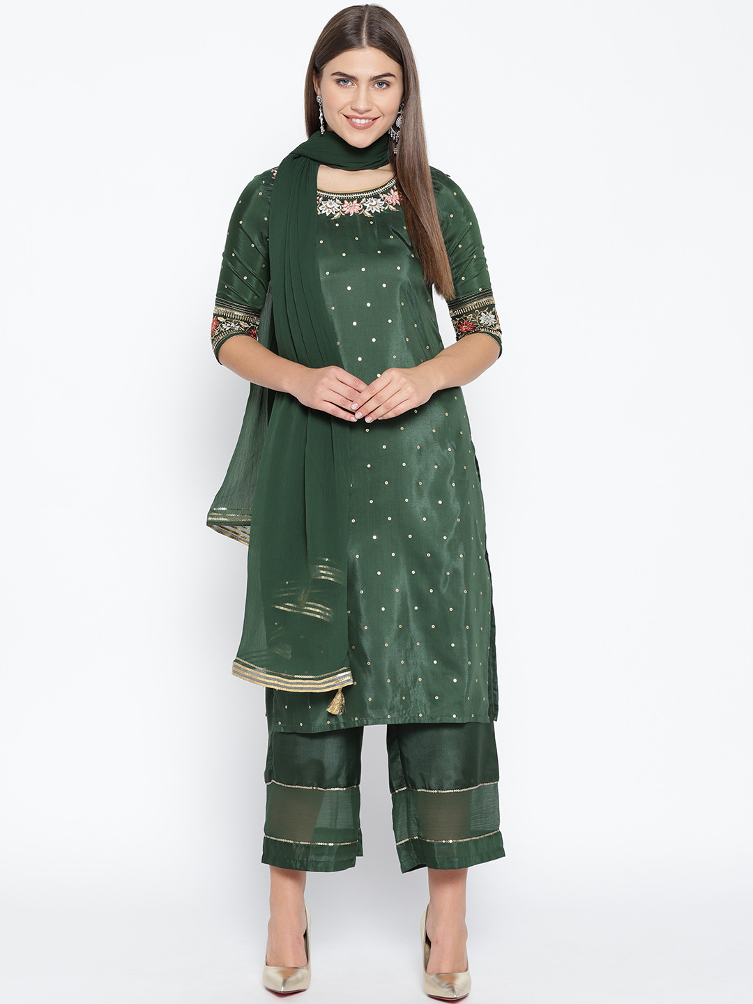 

AURELIA Women Green & Golden Printed Kurta with Palazzos & Dupatta