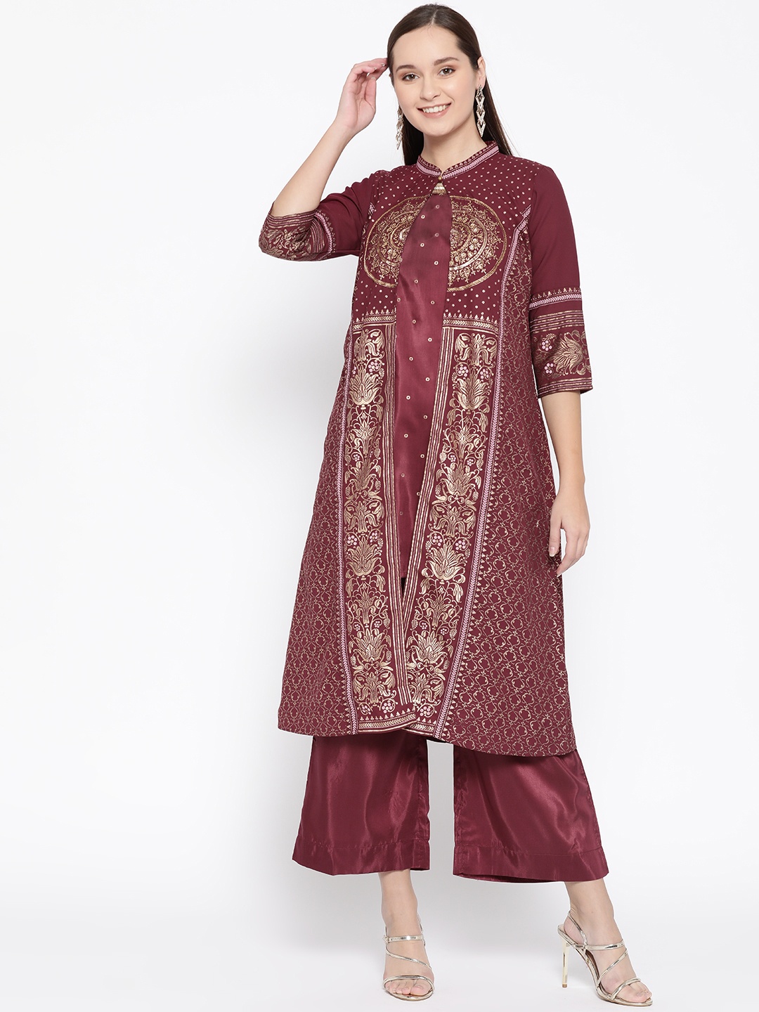 

AURELIA Women Burgundy & Golden Printed Layered Kurta with Palazzos