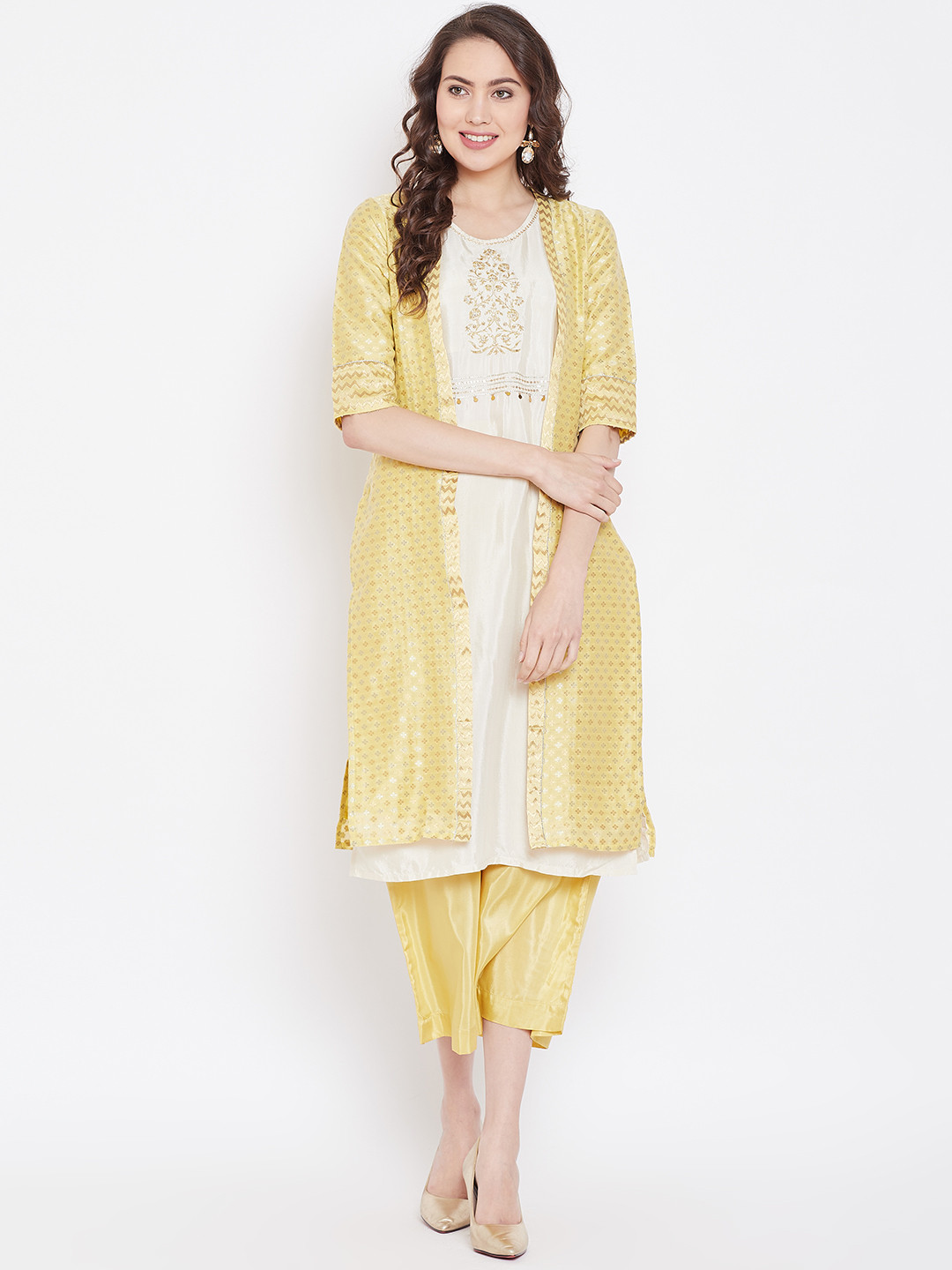 

AURELIA Women Off-White & Yellow Self-Design Layered Kurta with Palazzos