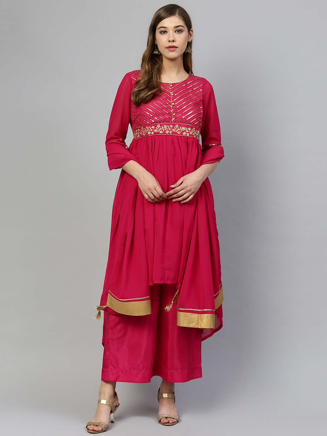 

AURELIA Women Pink Yoke Design High-Low Kurta with Palazzos & Dupatta