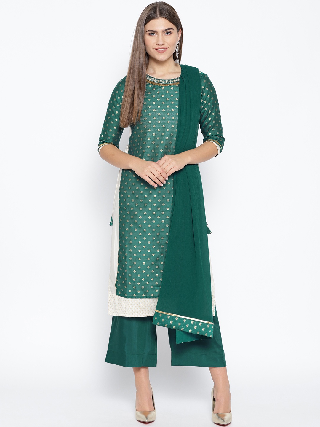 

AURELIA Women Green & Golden Self Design Kurta with Palazzos & Dupatta