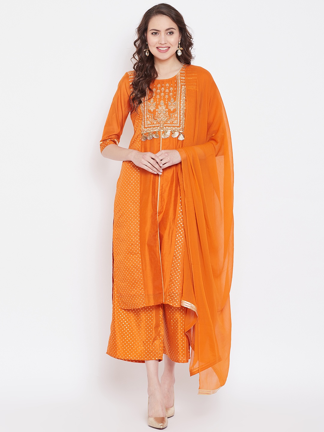 

AURELIA Women Orange & Golden Printed Kurta with Palazzos & Dupatta