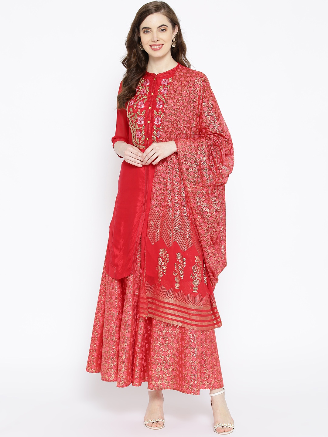 

AURELIA Women Red & Golden Yoke Design Kurta with Skirt & Dupatta