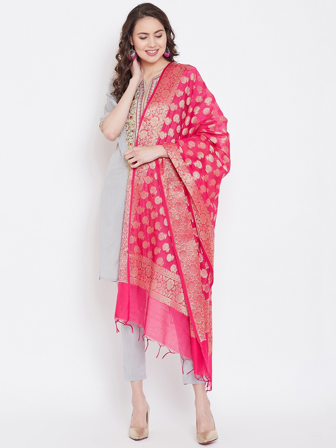 

AURELIA Women Grey & Pink Embroidered Kurta with Trousers & Dupatta