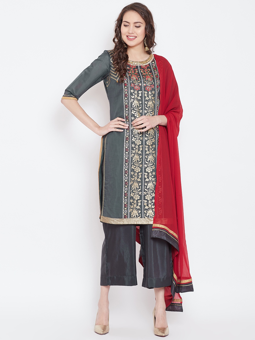 

AURELIA Women Grey & Golden Printed Kurta with Palazzos & Dupatta