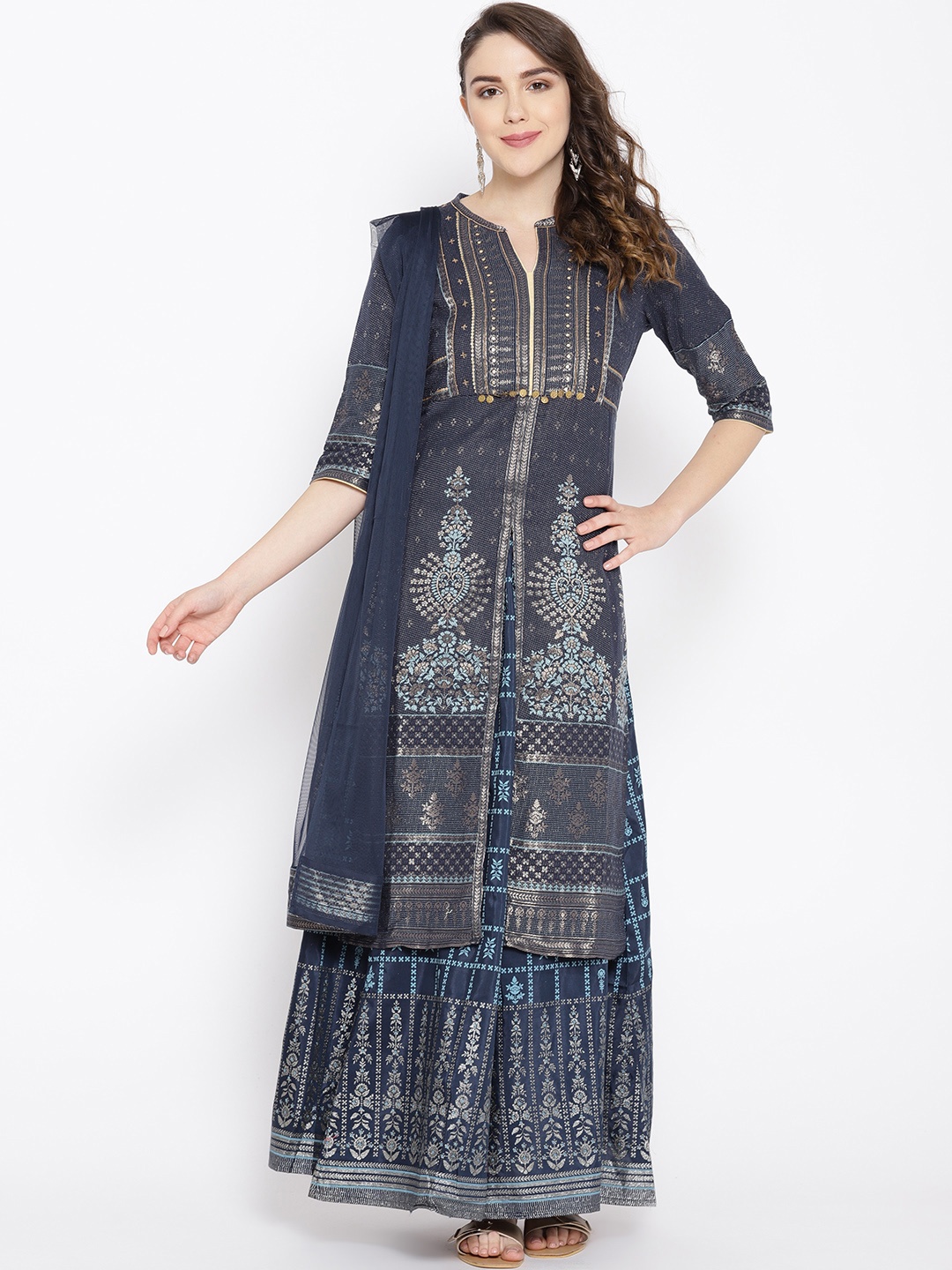 

AURELIA Women Blue Self-Design Kurta with Skirt & Dupatta