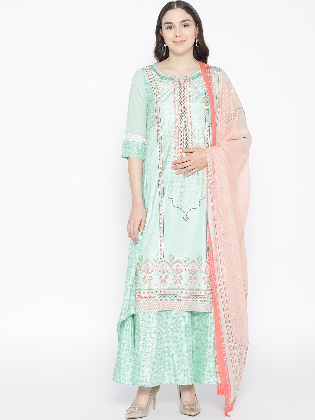 

AURELIA Women Sea Green & Peach-Coloured Printed Kurta with Palazzos & Dupatta