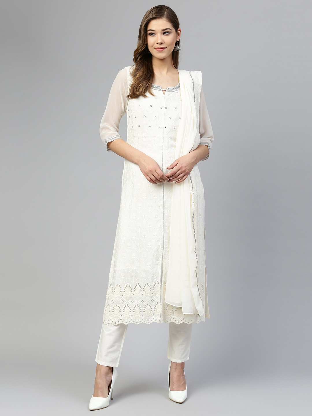 

AURELIA Women White Embroidered Kurta with Trousers & Dupatta
