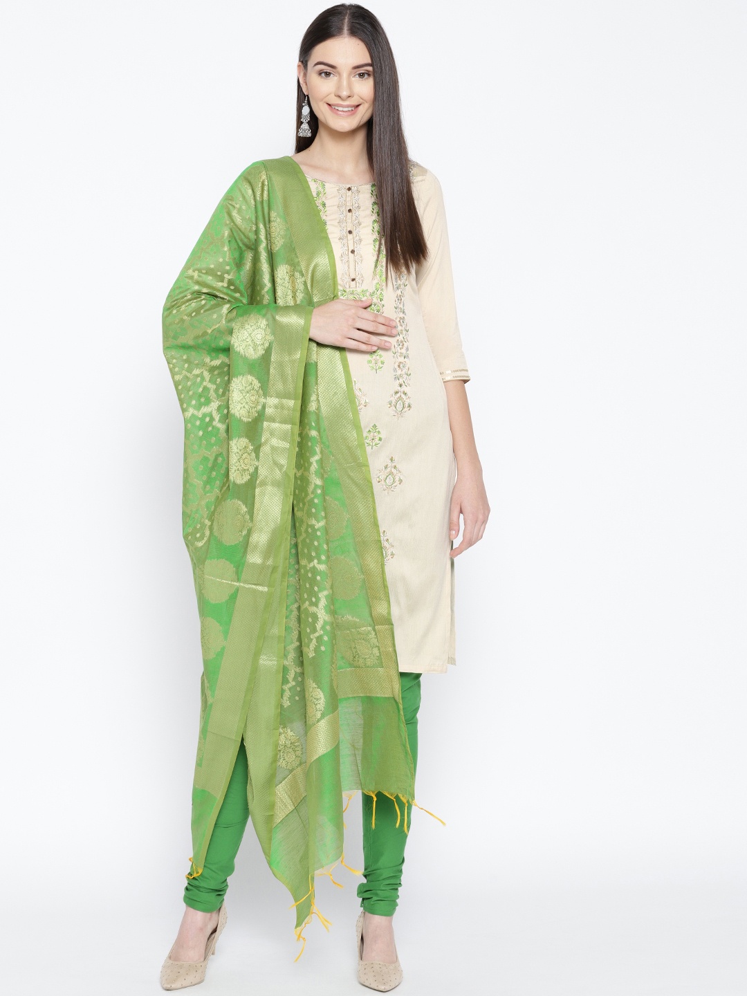 

AURELIA Women Beige & Green Embroidered Kurta with Churidar & Dupatta