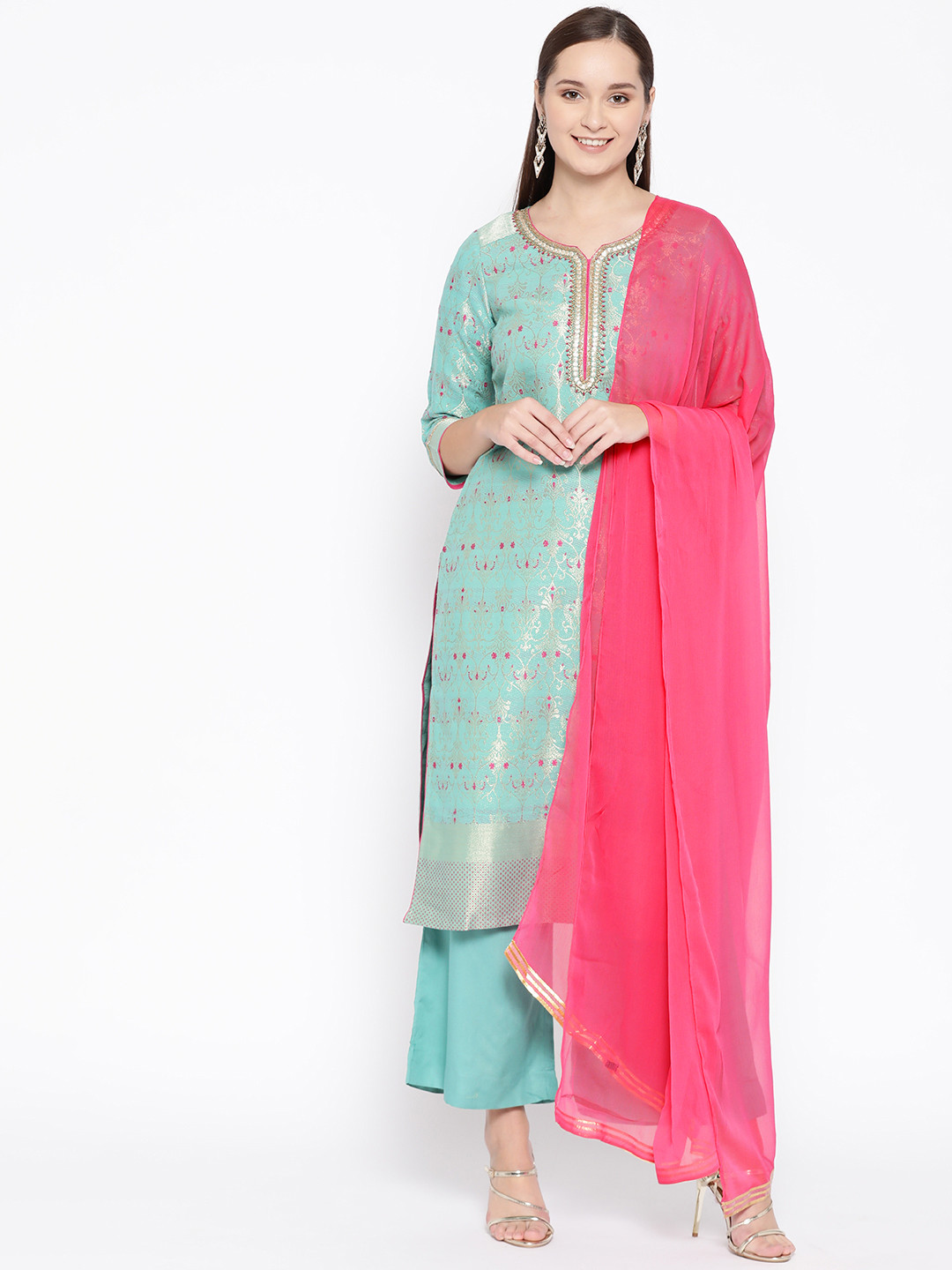 

AURELIA Women Green & Pink Woven Design Kurta with Palazzos & Dupatta