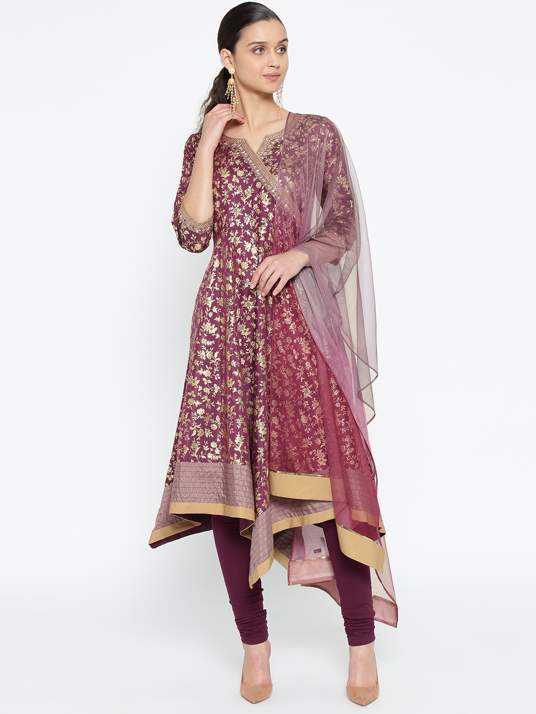 

AURELIA Women Purple & Golden Printed Kurta with Churidar & Dupatta
