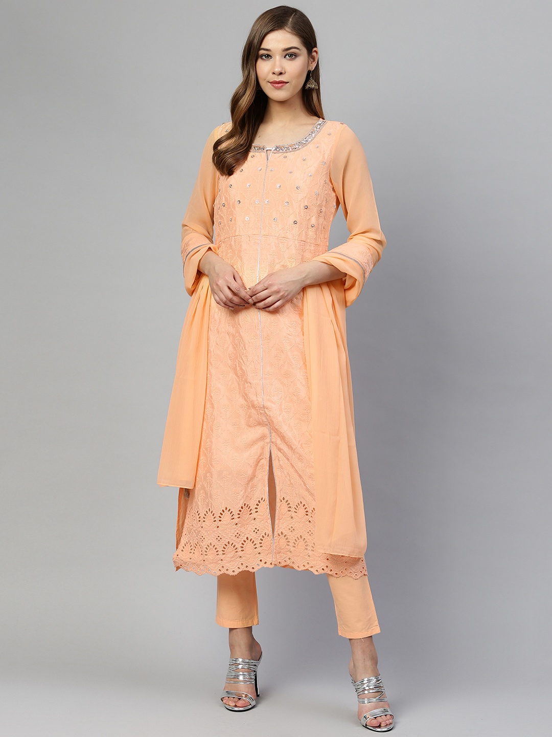 

AURELIA Women Peach-Coloured Embroidered Kurta with Trousers & Dupatta