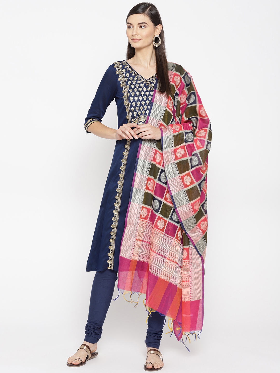

AURELIA Women Navy Blue & Golden Embroidered Angrakha Kurta with Churidar & Dupatta