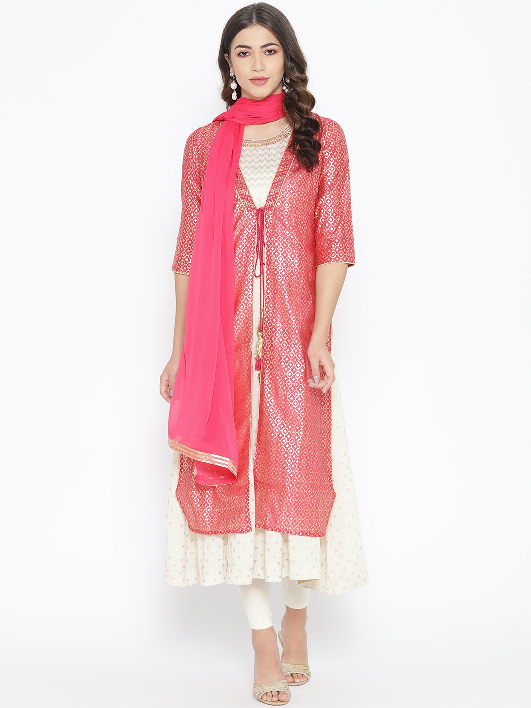 

AURELIA Women Pink & Off-White Printed Layered Kurta with Palazzos & Dupatta