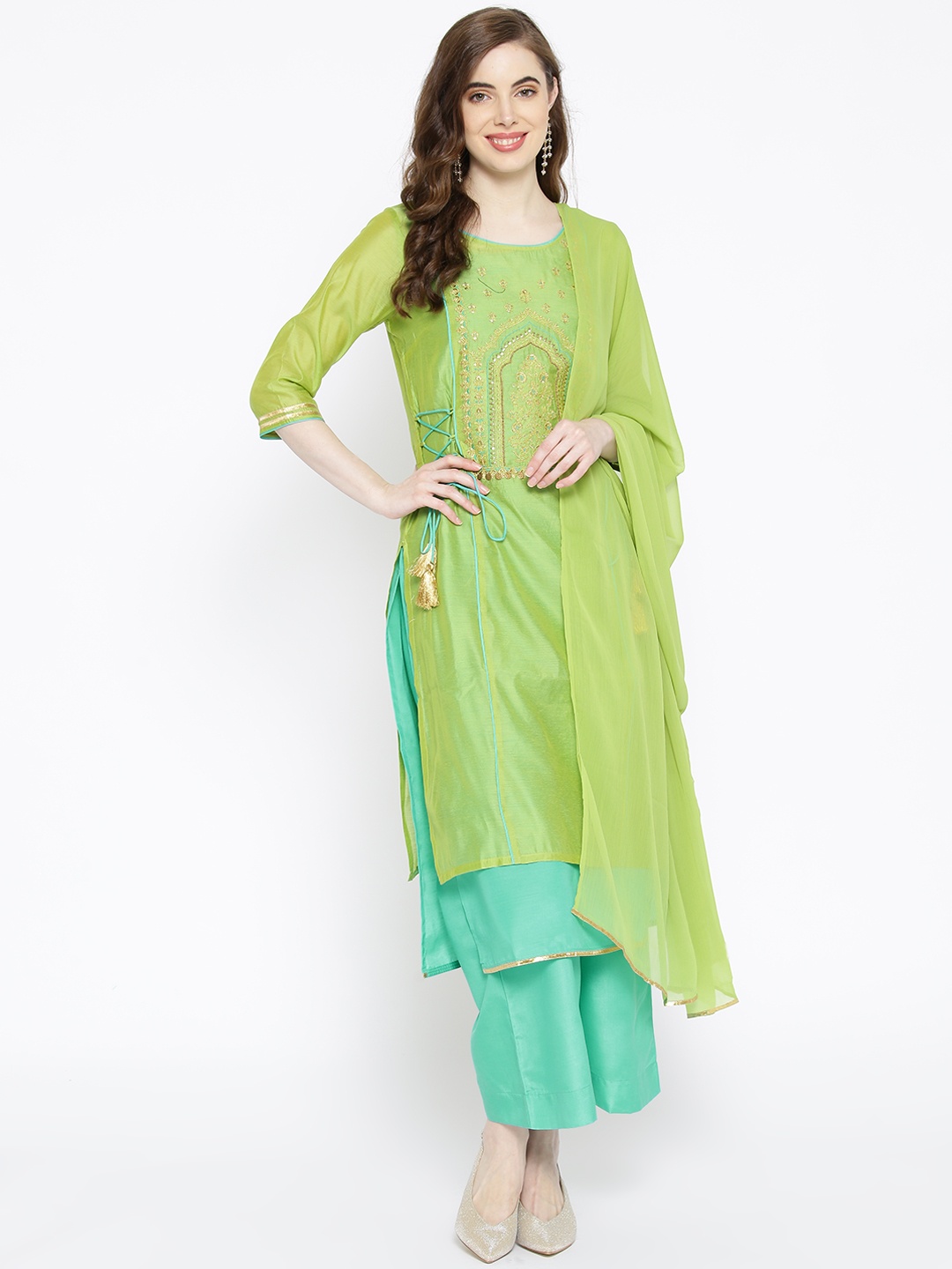 

AURELIA Women Green & Blue Yoke Design Kurta with Palazzos & Dupatta