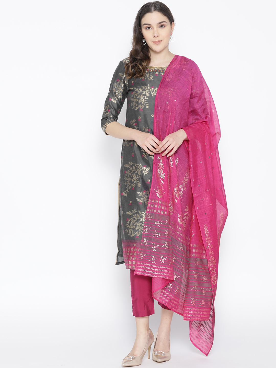 

AURELIA Women Charcoal Grey & Pink Self Design Kurta with Trousers & Dupatta