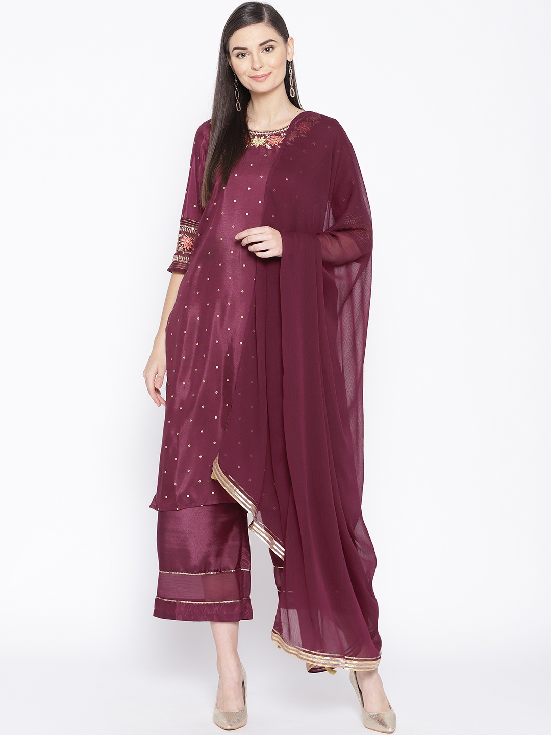 

AURELIA Women Burgundy & Golden Printed Kurta with Palazzos & Dupatta