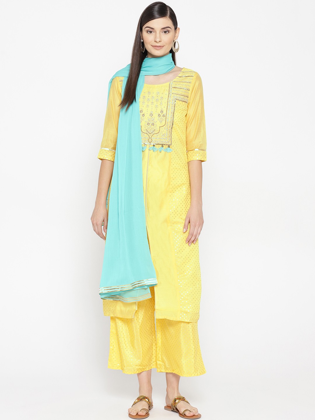

AURELIA Women Yellow & Golden Printed Kurta with Palazzos & Dupatta