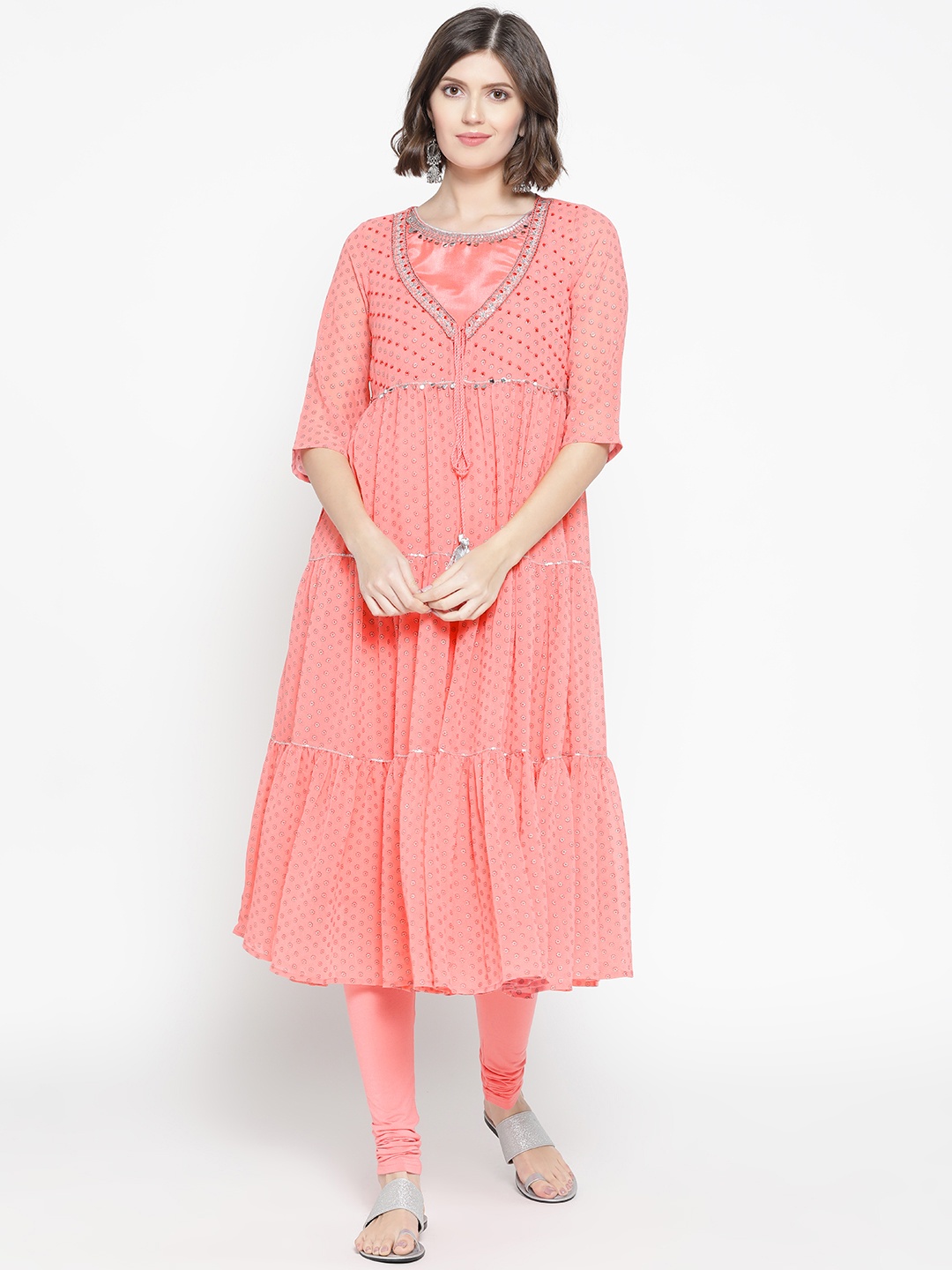 

AURELIA Women Peach-Coloured Printed Kurta with Churidar