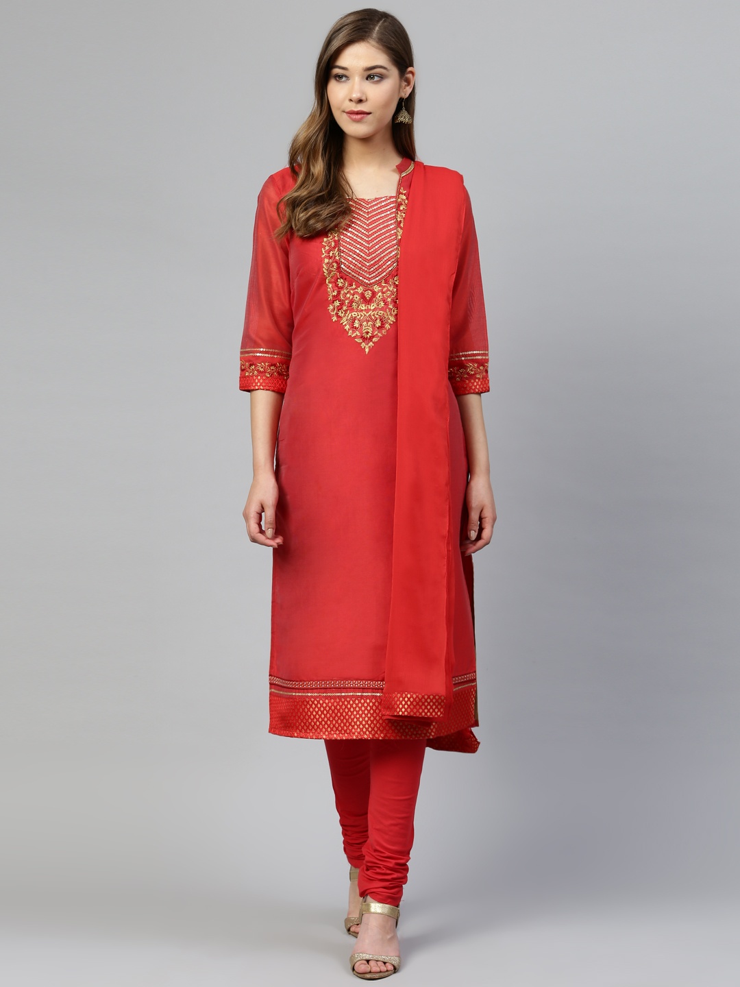 

AURELIA Women Red & Golden Yoke Design Kurta with Churidar & Dupatta